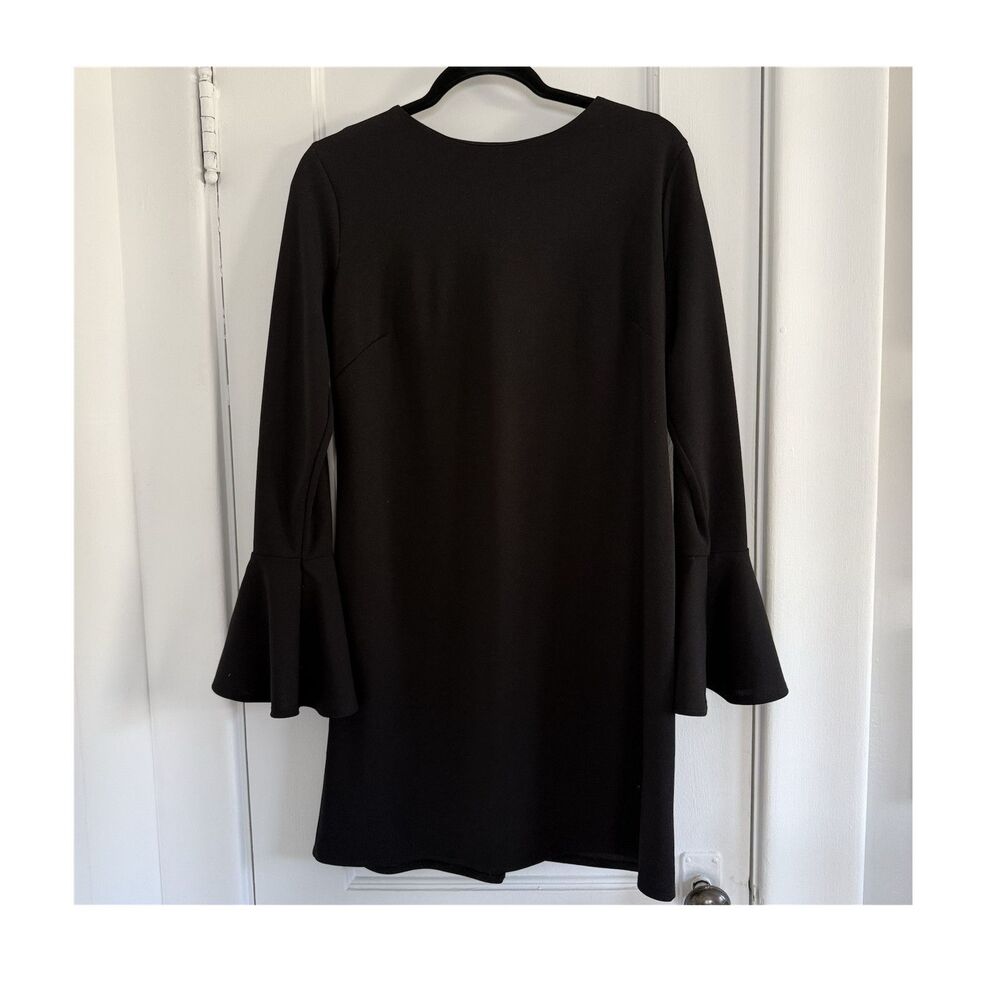2 Hearts Black Bell Sleeve Shift Dress Knit Zip Round Neck Size S